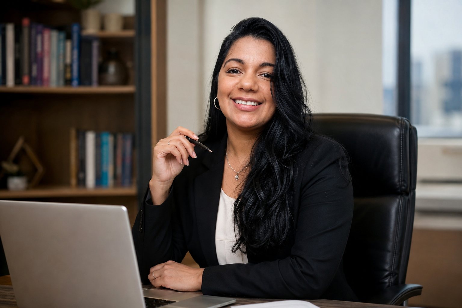 Liziane Ferreira, contadora, sorrindo à mesa de trabalho, com livros ao fundo