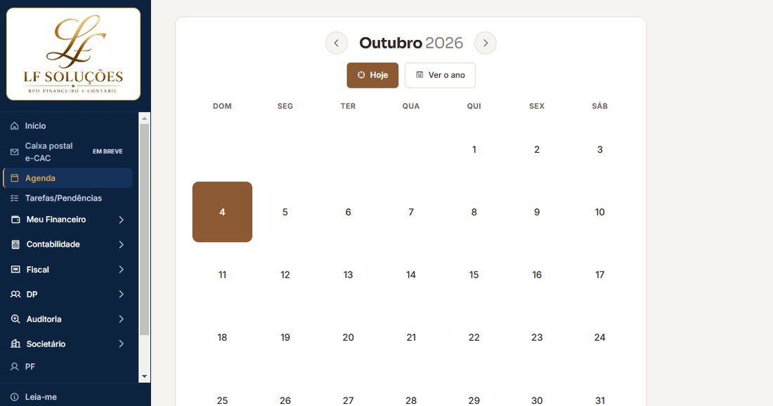 Agenda do sistema da assessoria, com o calendário do mês e o menu de contabilidade, fiscal, financeiro, departamento pessoal e societário