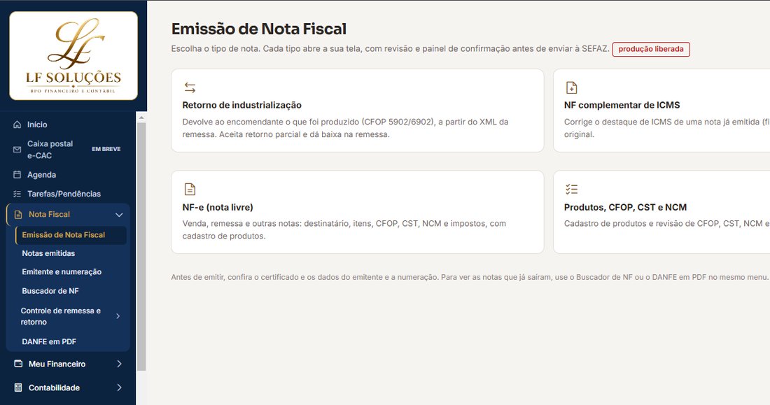 Tela de emissão de nota fiscal do sistema, com os tipos de nota para escolher
